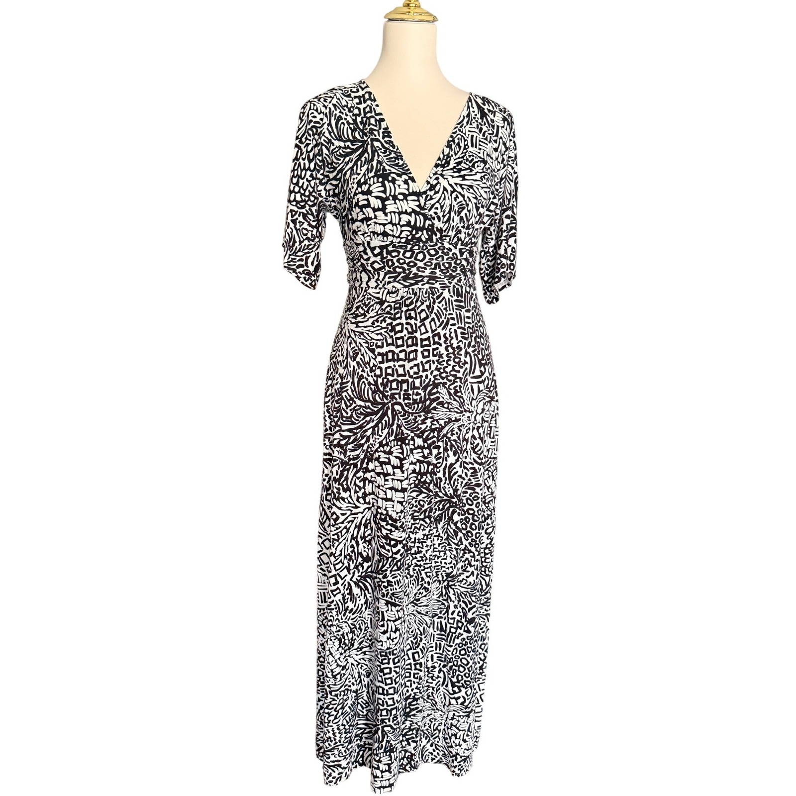 Lilly Pulitzer Black White Abstract Print V-Neck Maxi Dress Short Sleeve Xxs